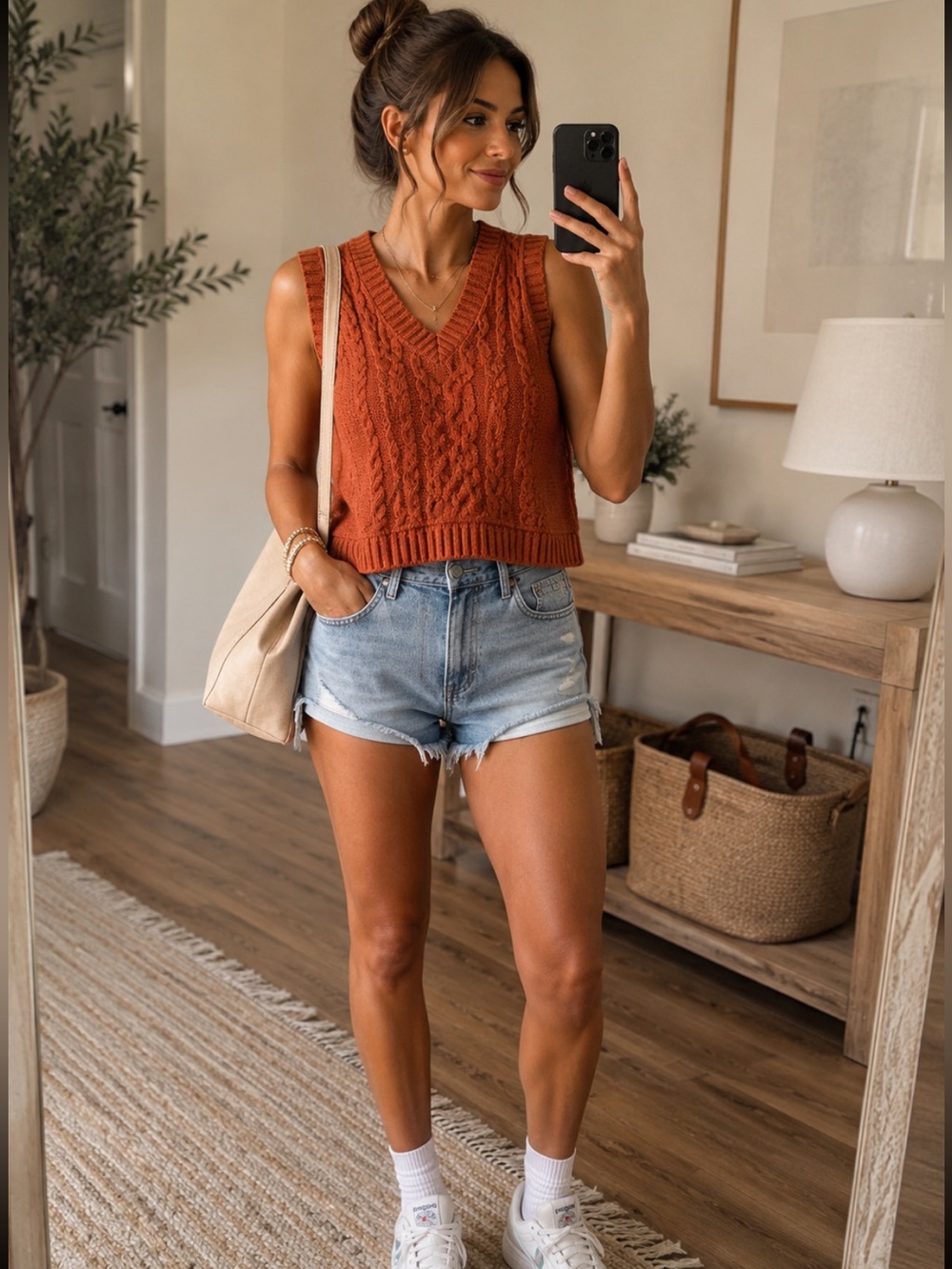 Pink Rose V-Neck Cable Knit Sweater Vest - Rust Orange